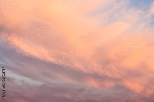 Sunset pink sky. Bright orange sky at sunrise. Beautiful gentle pinworm clouds.