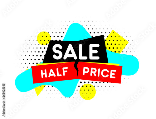 Half price banner. Sale emblem. Vector template.