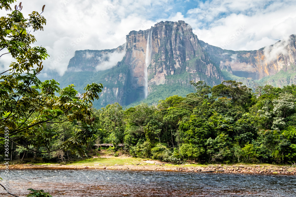 View of Angel falls from Carrao river, Canaima National Park, Venezuela