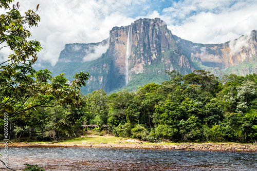 View of Angel falls from Carrao river, Canaima National Park, Venezuela photo