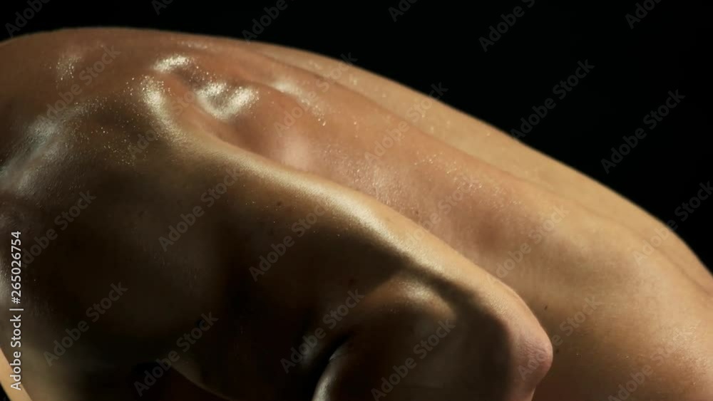 Close up sportsman having workout. Back and biceps. Sweat and intensity. Advantage of lifting light weights. Close up sportsman having workout. Back and biceps. Sweat and intensity. Advantage of lifting light weights.