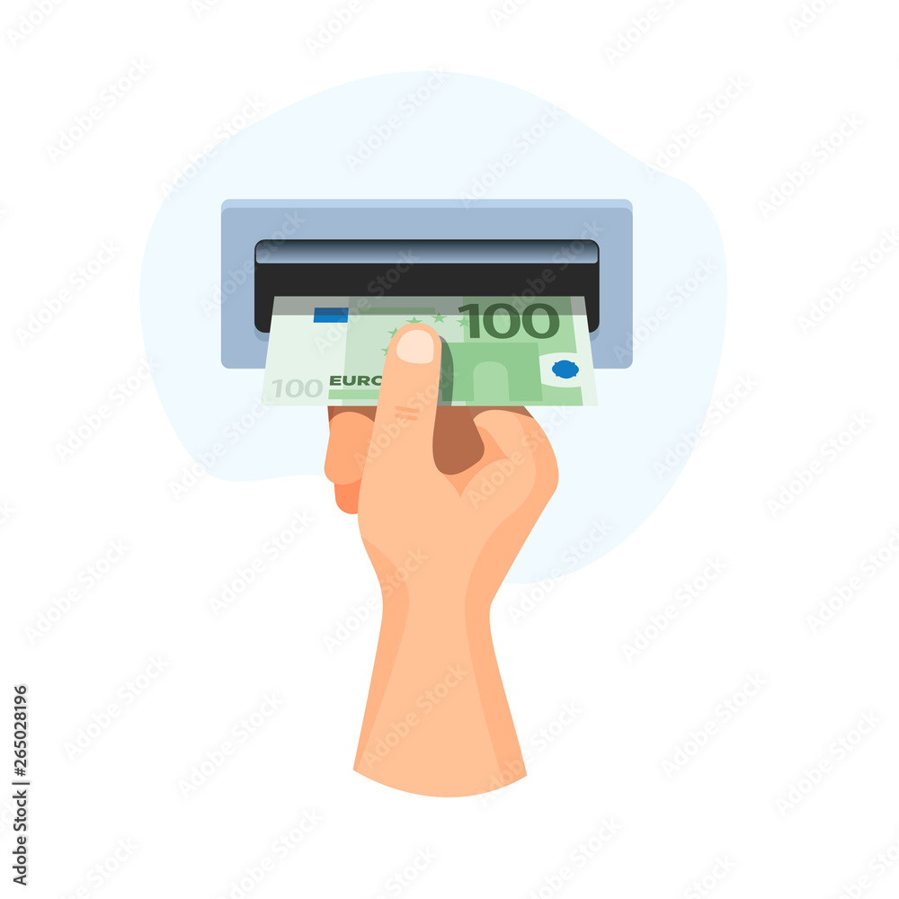 Hand insert in atm money 100 euro, banknote vector business illustration Hand insert in atm money 100 euro, banknote vector business illustration