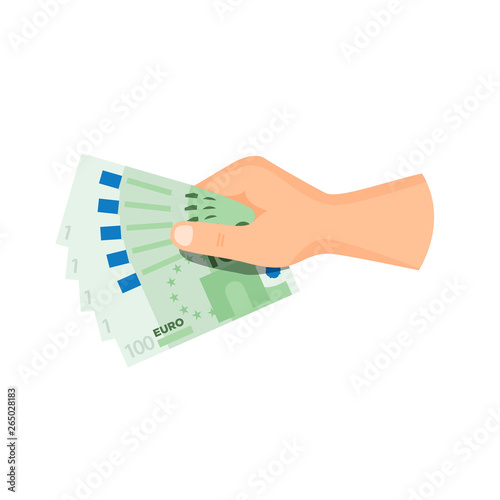 Hand give / take paper money banknote 100 euro, vector business illustration