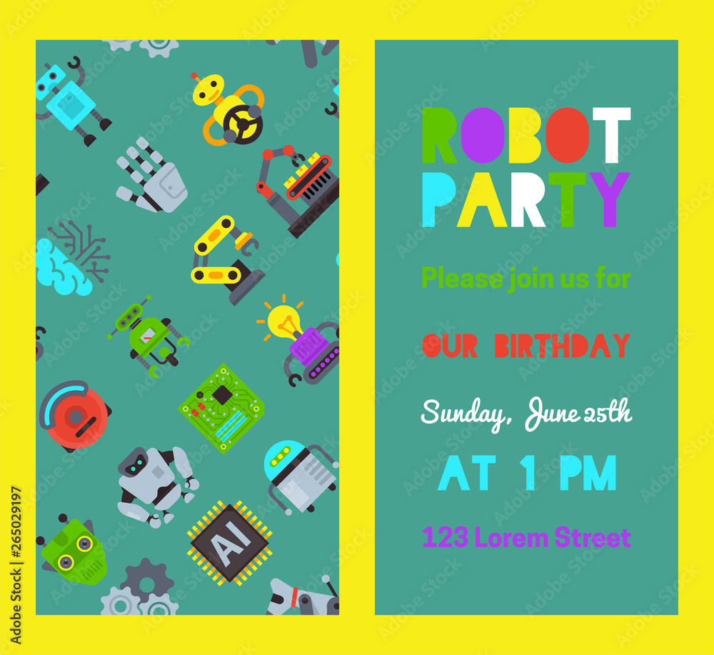 Robot waving, robotic dog friend design for kid party set of banners vector illustration. Birthday party welcome. Celebration. Futuristic artificial intelligence technology.