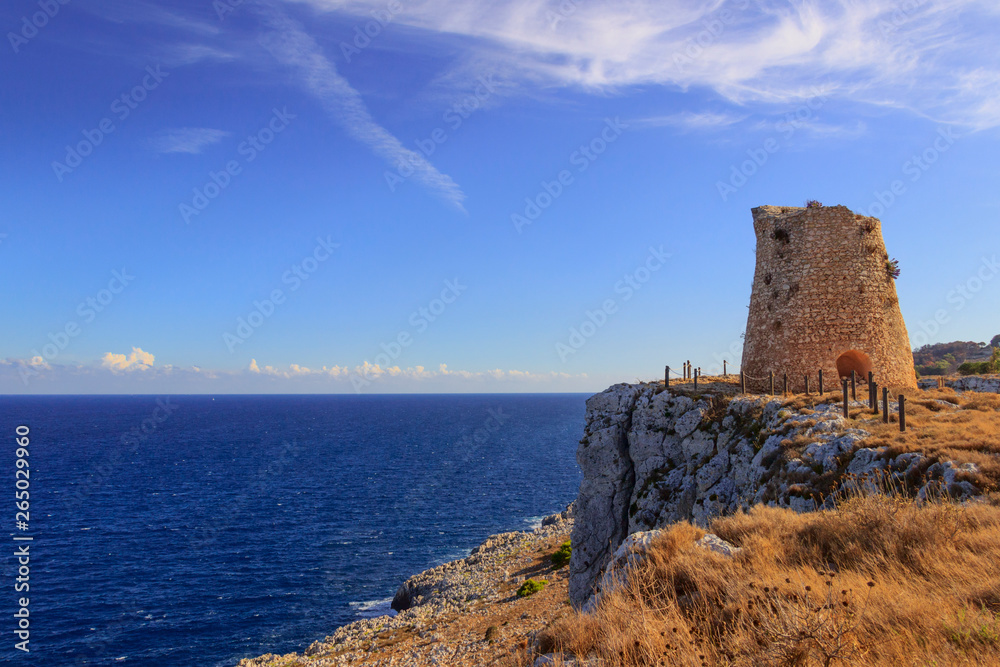 Salento coastline: Minervino watchtower. This medieval ruin is located in The Otranto Santa Maria di Leuca Coast and Tricase Woods Regional Nature Park. Italy (Apulia).