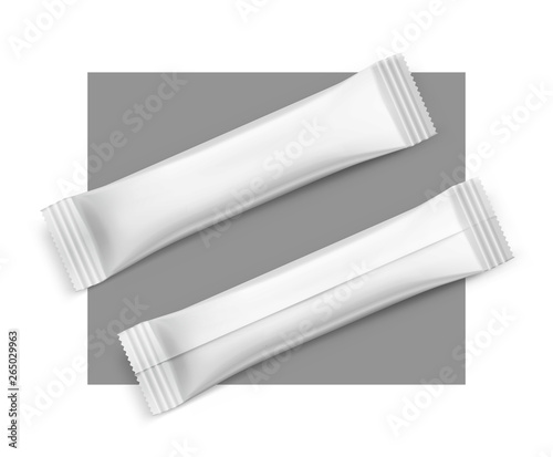 Realistic stick pack for products of the food and cosmetic industry. Possibility use for granulated, powder products. Coffee, 3 in 1, sugar, Vector illustration. EPS10