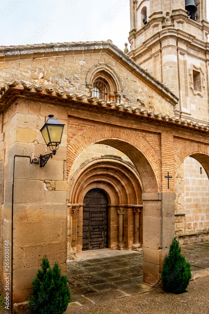 Iglesia de San Andres or Church of San Andres at Villamayor de Monjardin, Navarre, Spain on the Way of St. James or Camino de Santiago, entrance detail