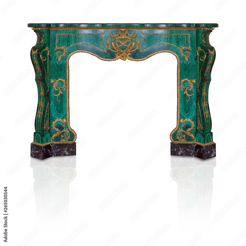 Fototapeta premium Malachite fireplace with gold decorations isolated on white background