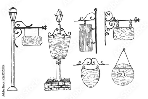 Set old city signboard, sign, lantern
