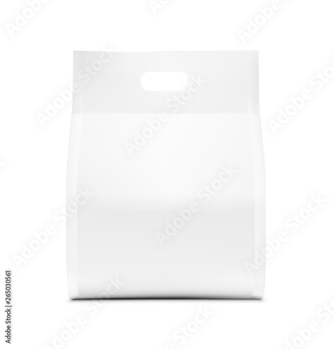 Universal package with handle hole for products of chemical, washing, food and pet food industry. Use for granulated and powder products. Vector illustration on white background. EPS10.