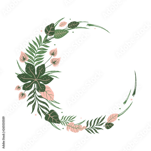 Round frame of tropical leaves and flowers. Unique design of greeting card template