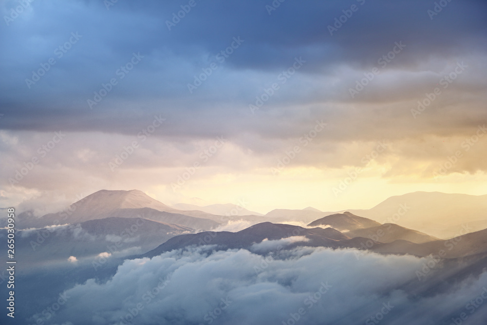 Aerial view of landscape mountain peaks in the clouds. Antalya, Turkey.