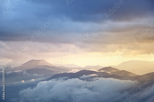 Aerial view of landscape mountain peaks in the clouds. Antalya, Turkey.