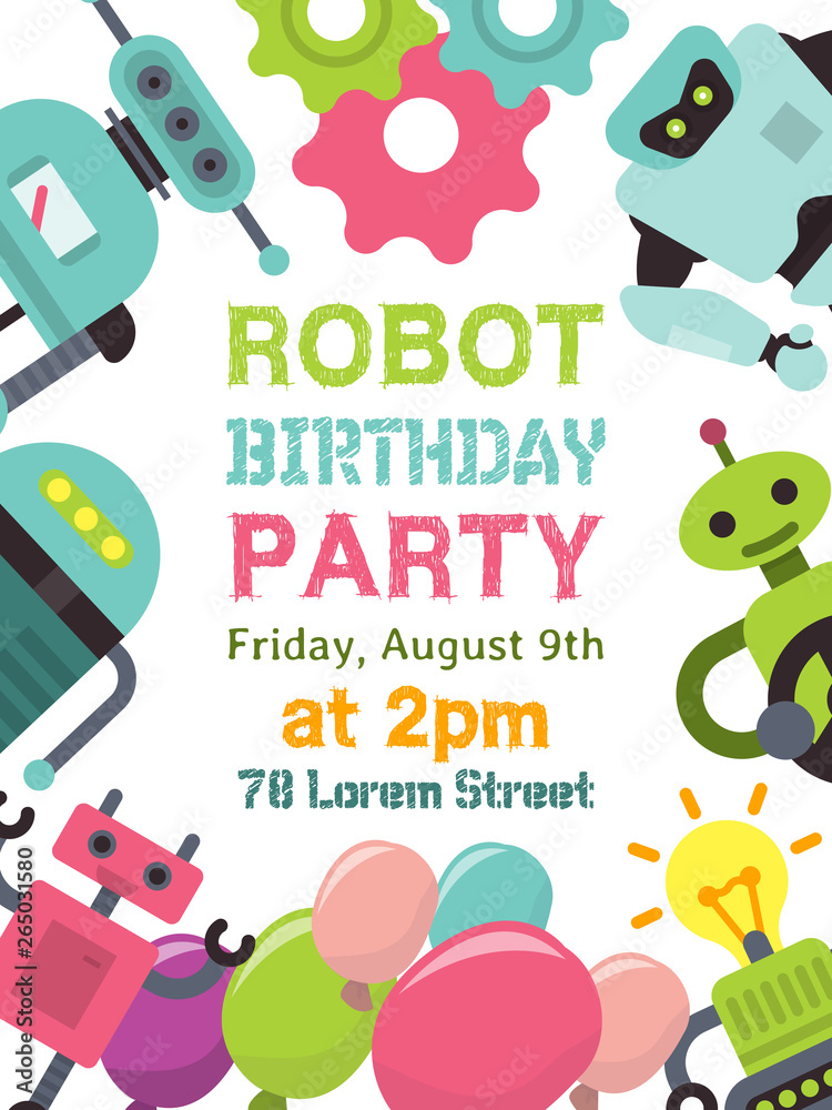 Fototapeta premium Robot waving, robotic humanoids for kid party poster vector illustration. Happy birthday party welcome. Celebration for children. Futuristic artificial intelligence technology.