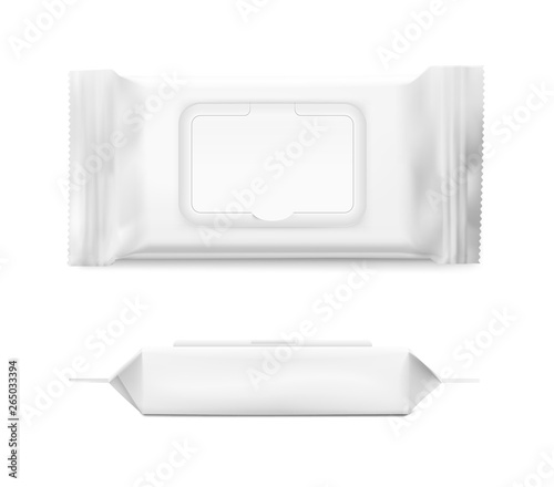 Packaging for wet wipes isolated on white background. Frond and side view. Realistic vector illustration. Can be use for your design, promo, adv and etc. EPS10.