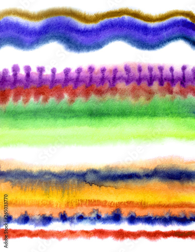 Watercolor background in the form of colored blurry stripes and waves, abstract pattern.