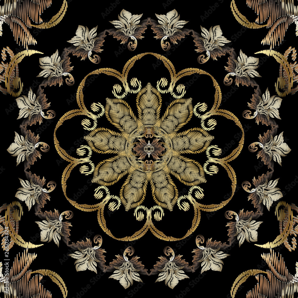 Tapestry textured floral Baroque seamless mandala pattern. Luxury round vintage ornament. Antique Victorian style background. Decorative repeat ornate backdrop. Old grunge embroidered flowers, leaves