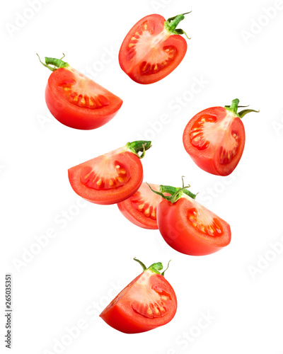 Fotografia Falling tomato isolated on white background, clipping path, full depth of field