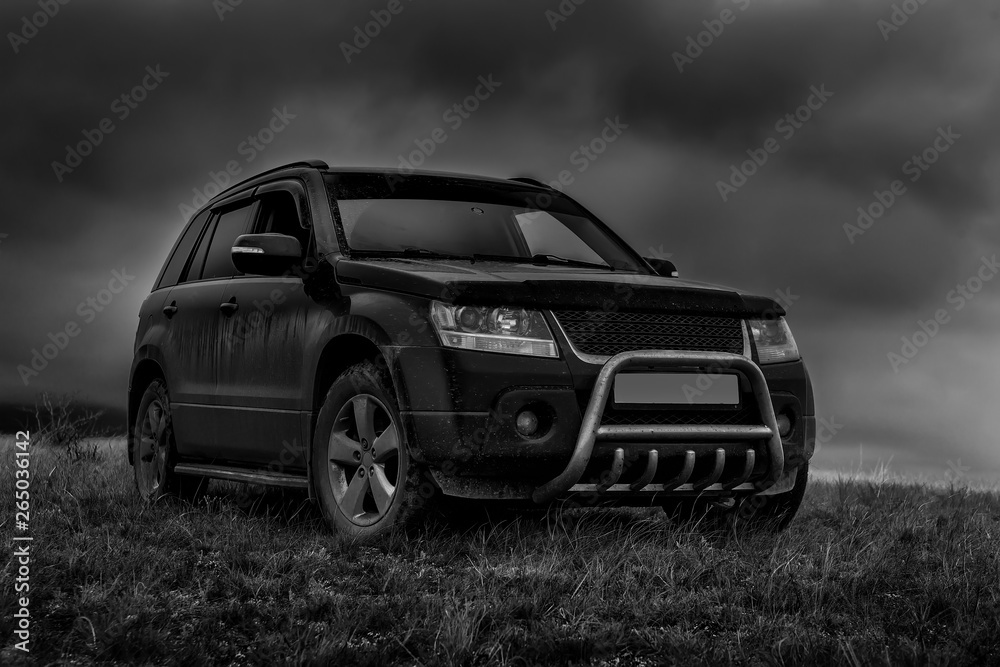 SUV on the field under a cloudy sky.