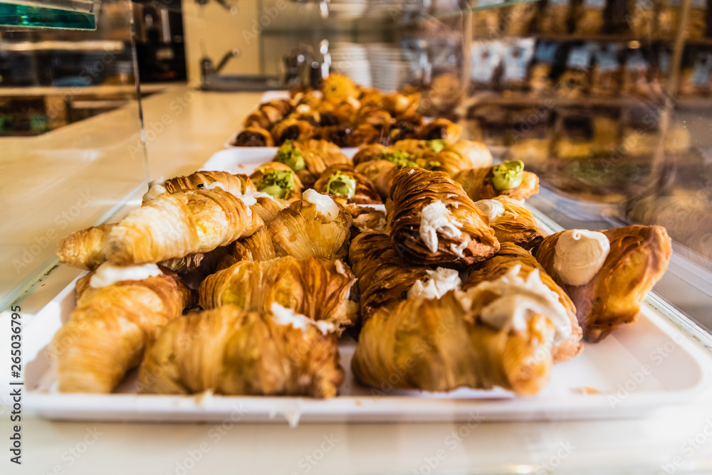 Typical mediterranean artisanal pastry for sale in an Italian pastry shop.
