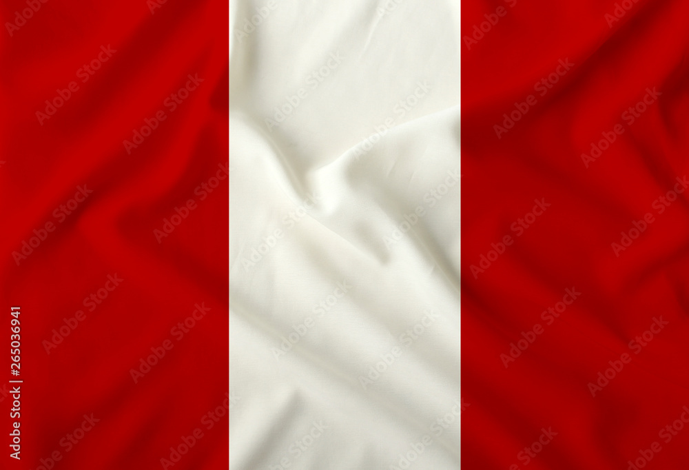 national flag of peru on silk fabric with soft folds, background
