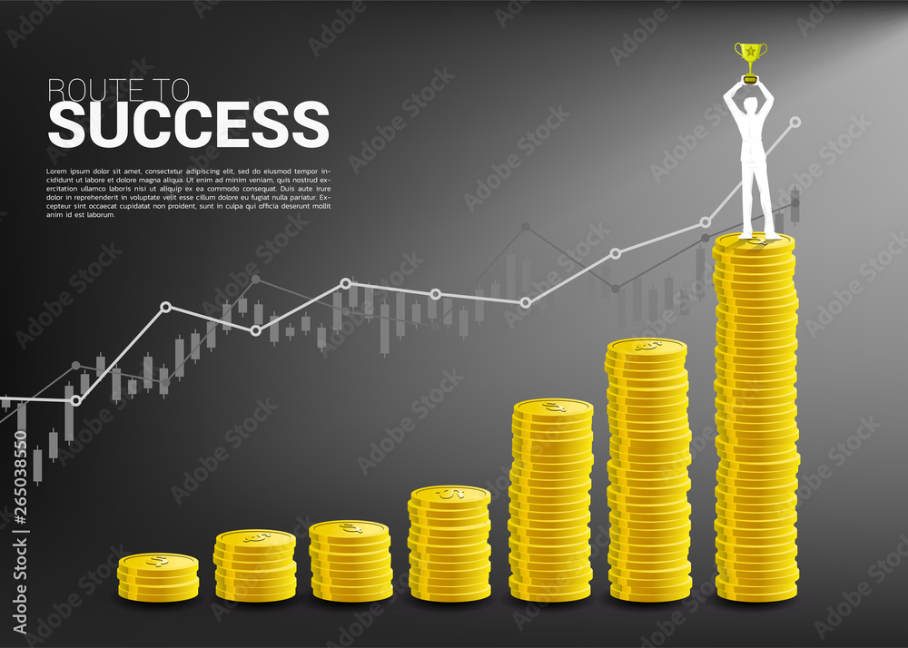 Silhouette of businessman with winner trophy standing on top of and growth graph with stack of coin. Concept of success investment and growth in business Silhouette of businessman with winner trophy standing on top of and growth graph with stack of coin. Concept of success investment and growth in business