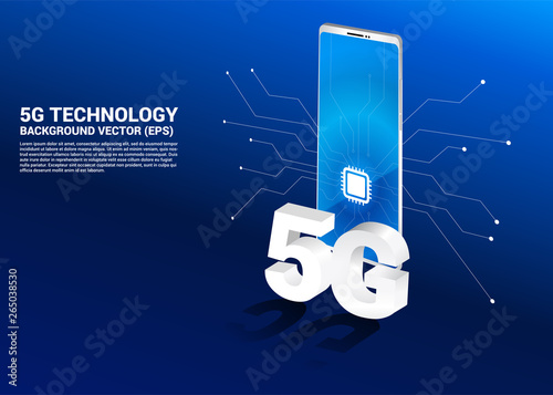 3D isometric 5G and mobile phone with cpu icon. Concept for mobile phone technology and telecommunication.