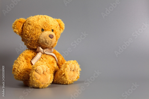 Soft warm cute brown teddy bear on color background. Isolated. Soft grey gray background. Copy space for text.