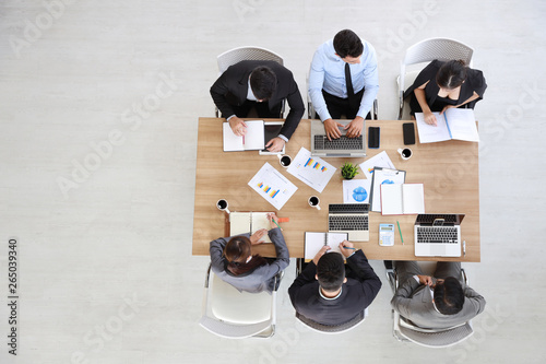 view from the top of business people in meeting room with copy space
