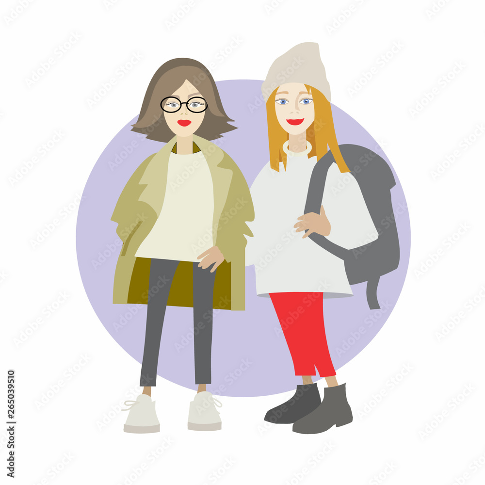 Two hipster frend girls characters. Cartoon illustration.