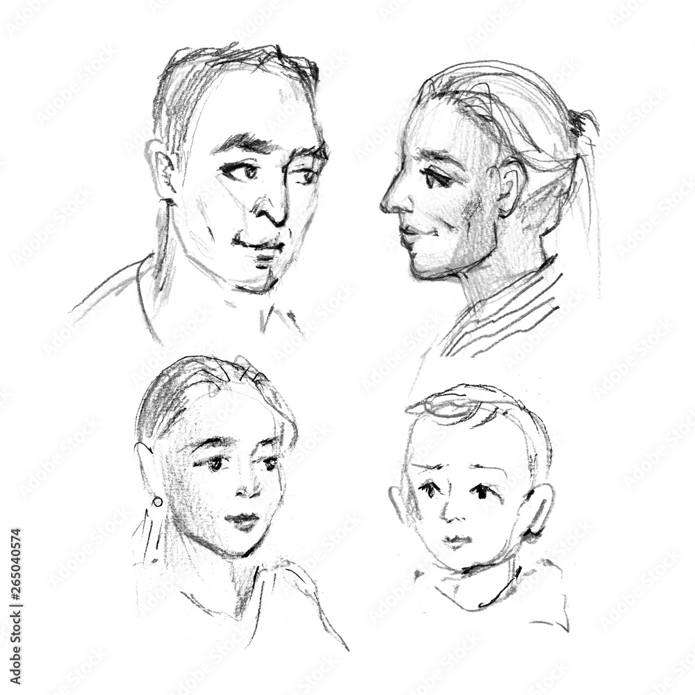 Cute hand drawn picture family portrait. Sketch on white background