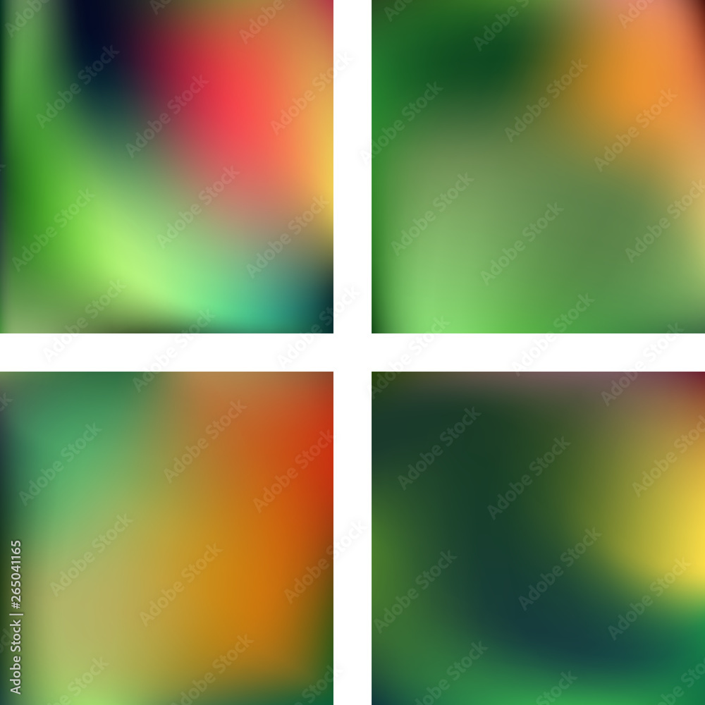 Set with abstract blurred backgrounds. Vector illustration. Modern geometrical backdrop. Abstract template. Green, yellow, orange colors.