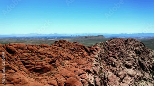 Aerial scenic view of rock formations at Red Rock Canyon National Conservation Area in Nevada, USA. Calica, touristic place with natural scenery near Las Vegas city. photo