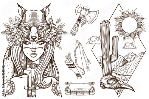 Woman with a mask of a fox. Beautiful girl in a hat in the form of a fox head. Contour illustration for tattoos and dazain clothes, posters, fashion shows.