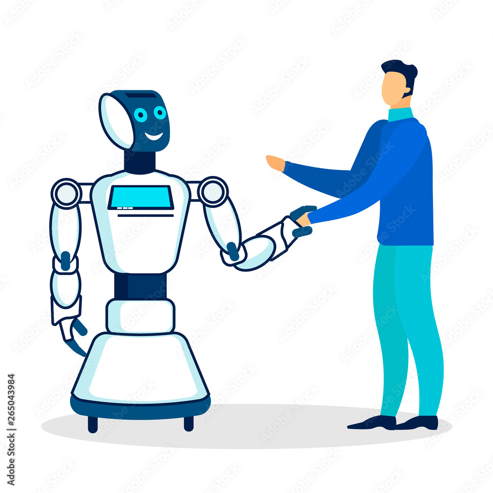 Cheerful Robot Greeting Man Flat Illustration Cheerful Robot Greeting Man Flat Illustration