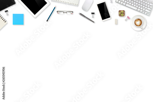 digital marketing office table with laptop computer  office supplies  and cell phone on white background
