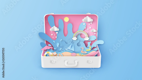Illustration of creative design sea view inside suitcase. Open suitcase for sea travel in summer. Graphic design for summer. paper cut and craft style. vector, illustration.