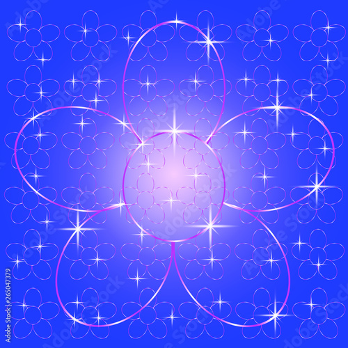  Pink glittering flower shape One large flower and many small flowers on blue background.vector illustration. 