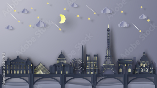 Illustration of the Paris City scene at night. Paris night lights. Paris's famous architecture at night time. Paris city scene of France. paper cut and craft style. vector, illustration.