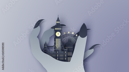 Illustration of London city in the witch's hand on Halloween night. London city on Halloween. paper cut and craft style. vector, illustration.