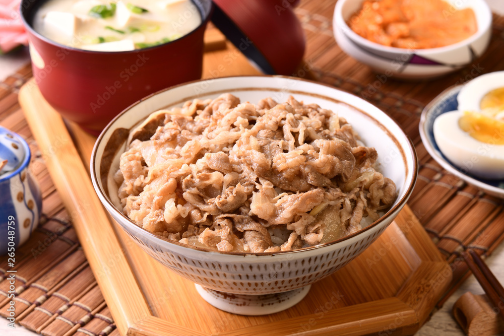 Gyudon - a bowl of rice with sliced beef, onion and sweet sauce. Gyudon - a bowl of rice with sliced beef, onion and sweet sauce.