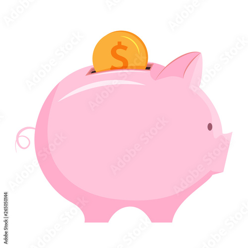 Flat illustration of piggy bank with gold coin inserted