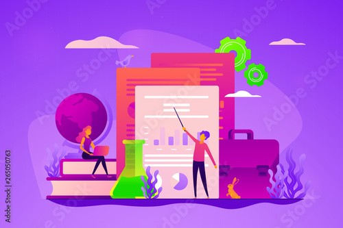 ICO investment document, startup business strategy, product development plan and white paper concept. Vector isolated concept illustration with tiny people and floral elements. Hero image for website.