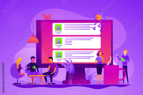 Global internet communication, social media and network technology, chat message and forum concept. Vector isolated concept illustration with tiny people and floral elements. Hero image for website.