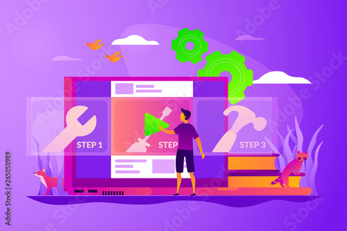 Education video, modern teaching tool, interactive learning and video tutorial concept. Vector isolated concept illustration with tiny people and floral elements. Hero image for website.