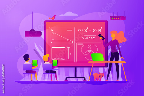 Kids studying mathematics in digital classroom with teacher, tiny people. Math lessons, digital maths laboratory, math tutoring classes concept. Vector isolated concept creative illustration.