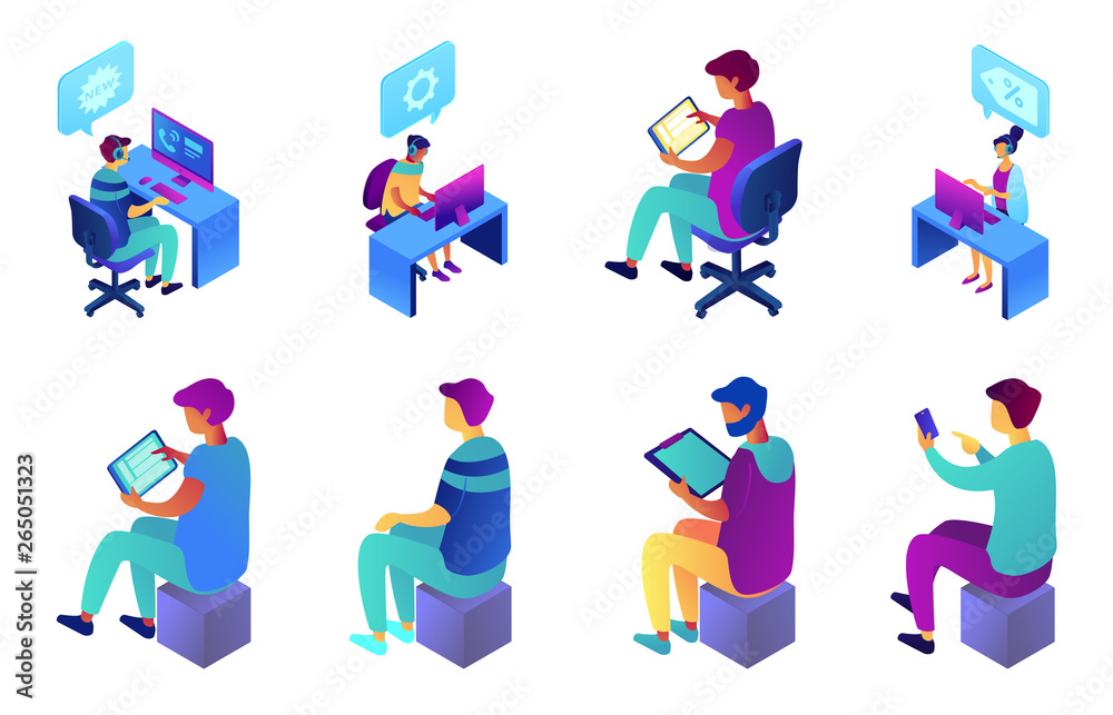 Businessman sitting and working, call center operator, tiny people isometric 3D illustration set. Customer service and technical support engineer, consultant concept. Isolated on white background. Businessman sitting and working, call center operator, tiny people isometric 3D illustration set. Customer service and technical support engineer, consultant concept. Isolated on white background.