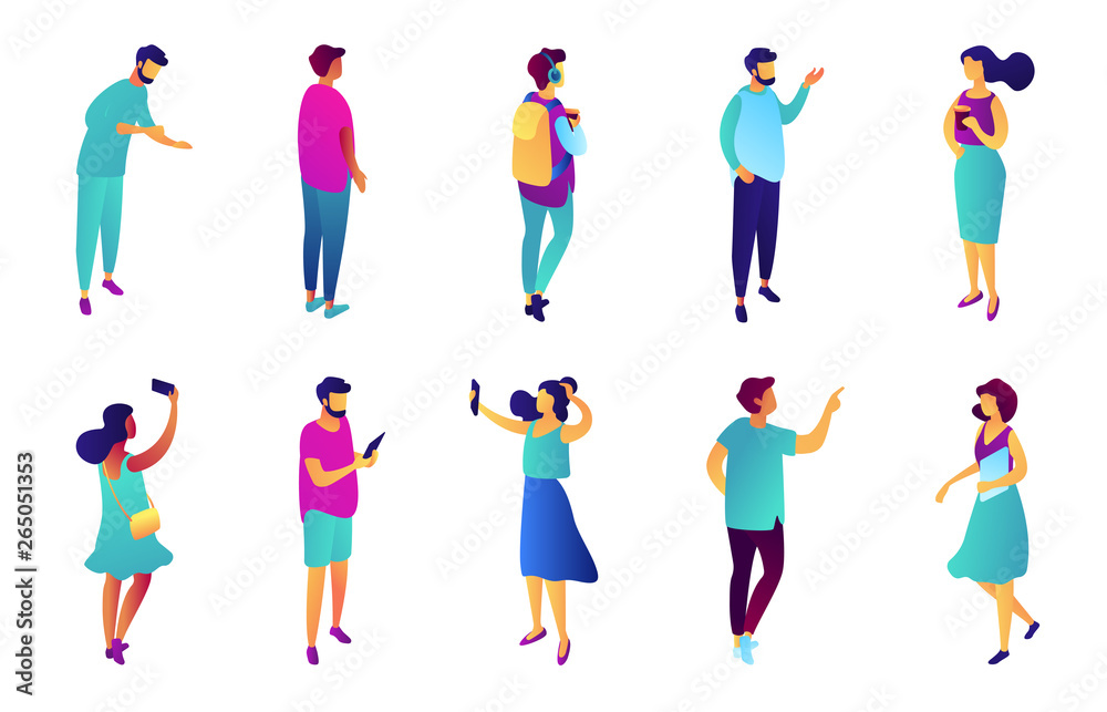 Tiny business people with different gestures isometric 3D illustration set. Businesswoman take selfie, employee and manager pointing, assistant and student concept. Isolated on white background.
