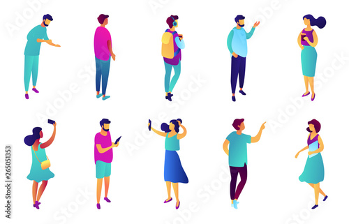 Tiny business people with different gestures isometric 3D illustration set. Businesswoman take selfie  employee and manager pointing  assistant and student concept. Isolated on white background.