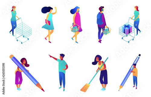 Shopper and writer, tiny people isometric 3D illustration set. Female buyer with shopping cart, customer with basket and housewife, copywriter and businessman concept. Isolated on white background